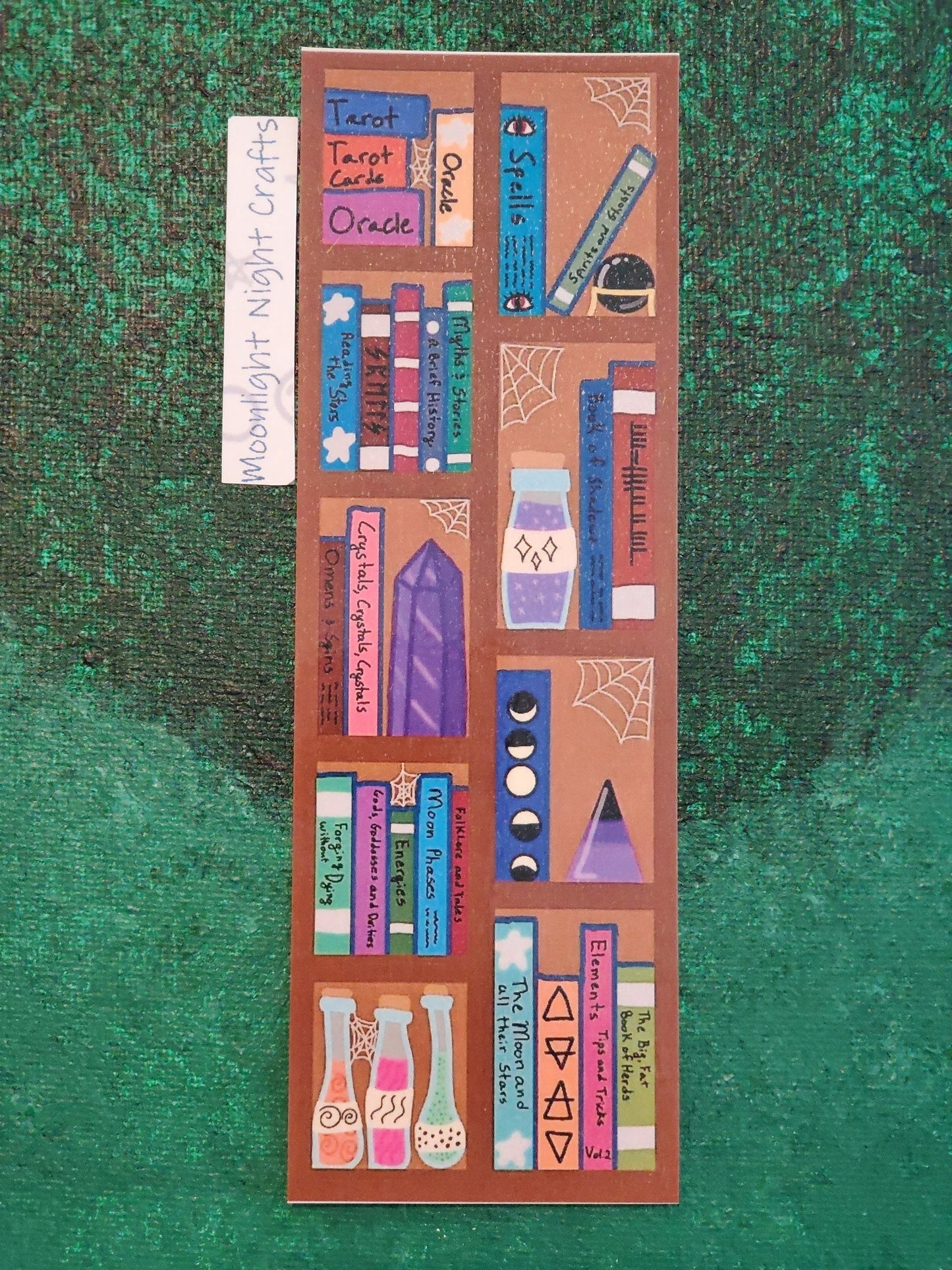 Haunted Bookshelf, Spooky Bookcase, Halloween, Handmade Witchy Bookmark, Crystals, Potions, Witch Books