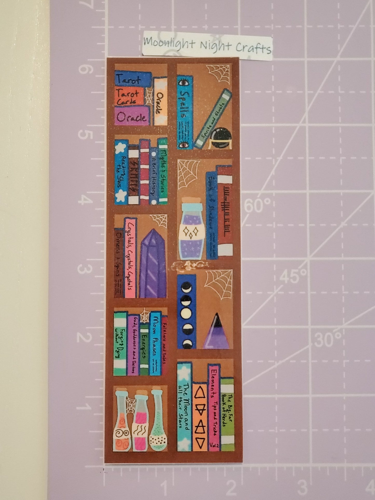 Haunted Bookshelf, Spooky Bookcase, Halloween, Handmade Witchy Bookmark, Crystals, Potions, Witch Books